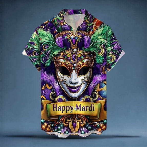 Telankuip Men's Happy Mardi Gras Short Sleeve Dress Shirts Funny Colorful Sequin/Mask Print Button down Lightweight Comfy Casual Top Shirt for Nightclub Carnival Holiday Party 2-Purple L