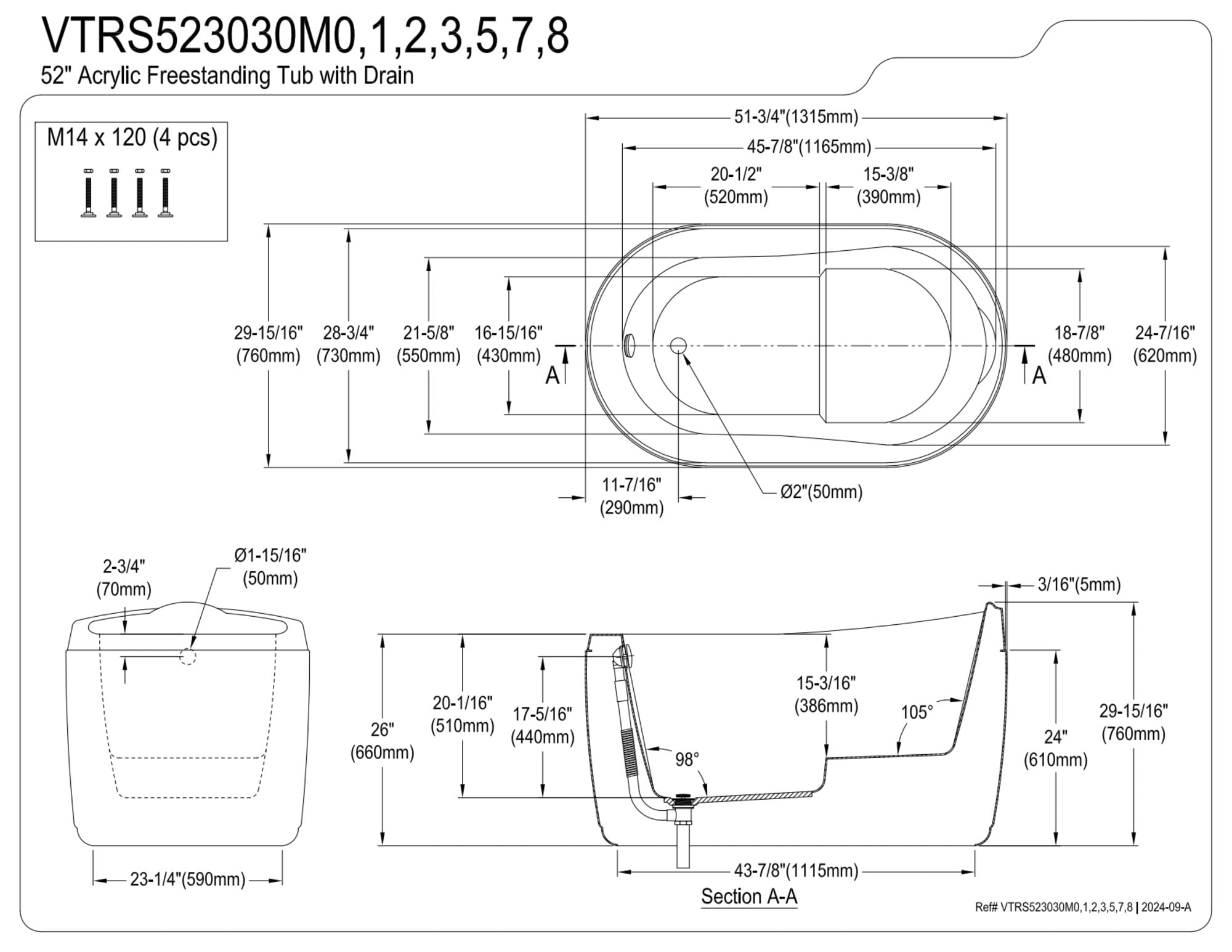 Kingston Brass VTRS523030M2 52" Acrylic Oval Single Slipper Freestanding Tub with Overflow/Drain Assembly and Integral Seat, Glossy White/Polished Brass