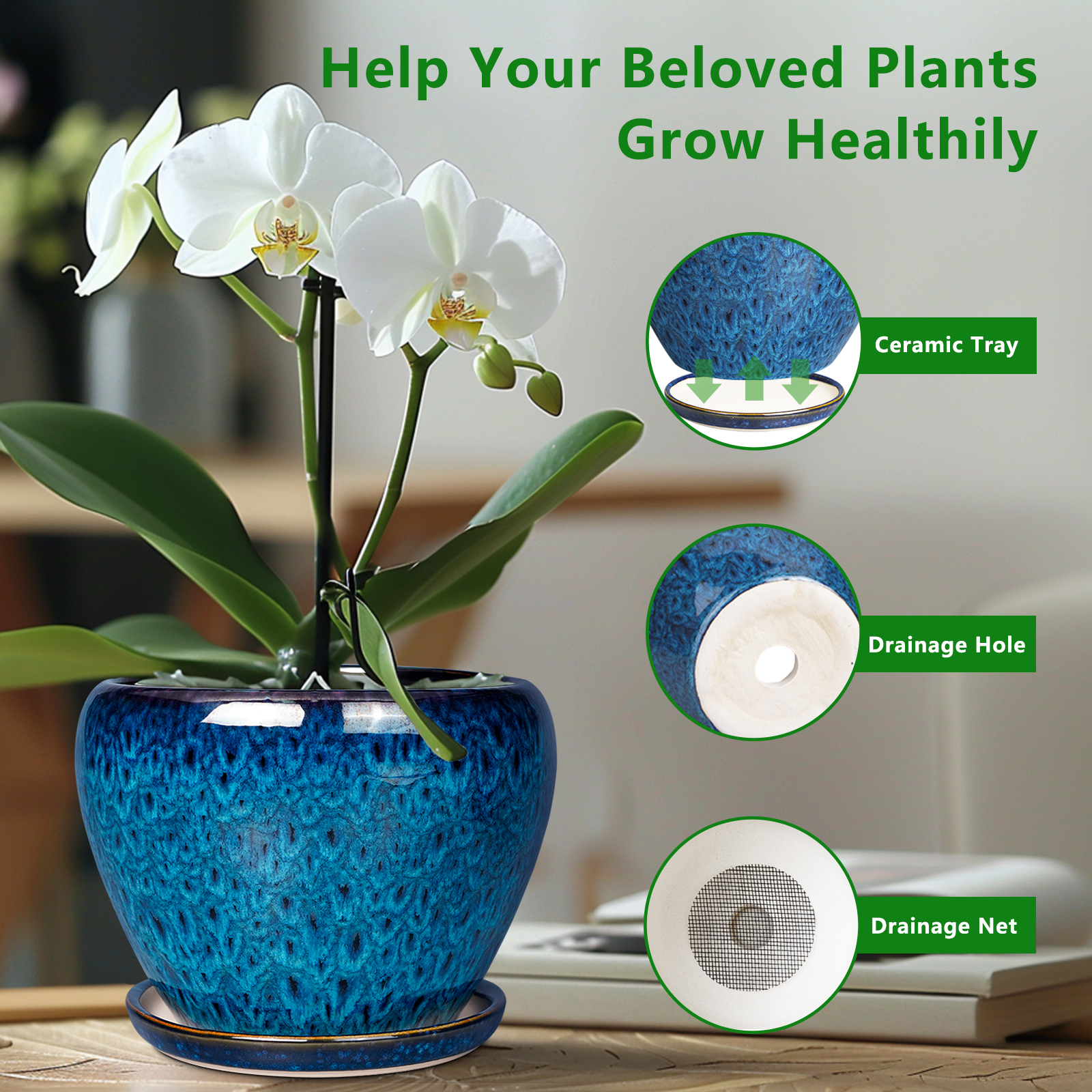 Ordivic 6in Blue Ceramic Planter Pot with Drainage Saucer photo 4