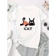 thumbnail image 2 of Women's Cute Cat Graphic Tee - Casual Round Neck Short Sleeve T-Shirt, Soft Polyester Blend, Playful Black & Orange Cat Design, Perfect for Casual Attire or Summer Vacations, 2 of 6