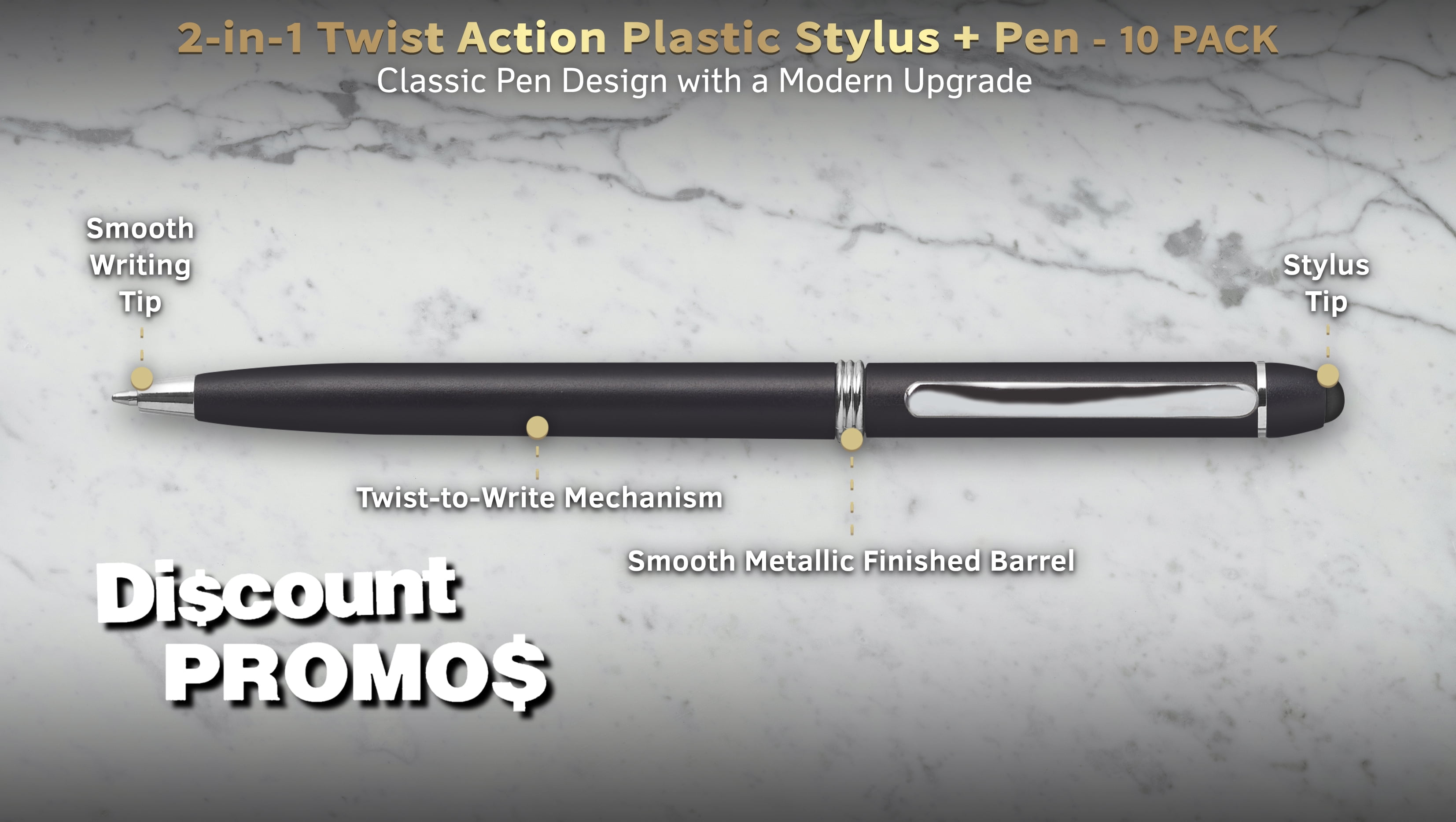 10 Twist Action Plastic Stylus Pens Pack - Metallic Barrel, Black Ink - Black