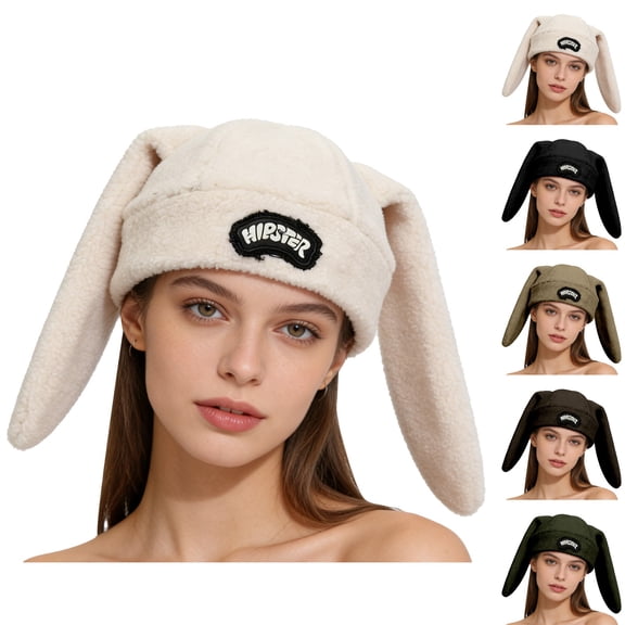Winter Beanie for Men Women LSQii Casual Cute Rabbit Ear Fleece Knitted Skull Cap Fashion Pure Color Thick Warm Cuffed Hat Headwear Beige for Outdoor Travel and Daily Life