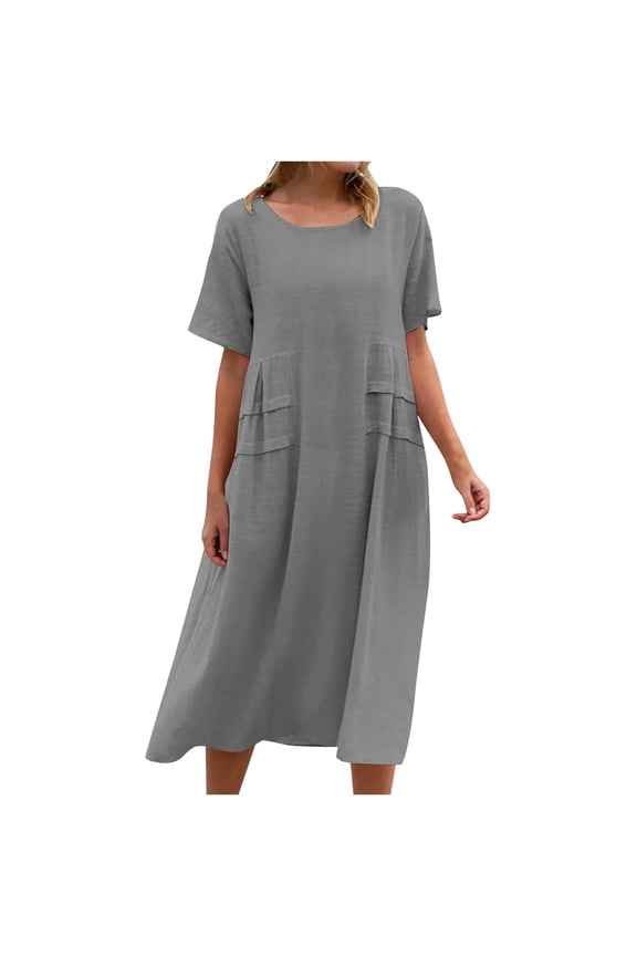 Women's Cotton Linen Midi Dress Casual Plus Size Crew Neck Short Sleeve Dresses Loose Fit Comfy Flowy Dresses for Old Women Holidaydeal