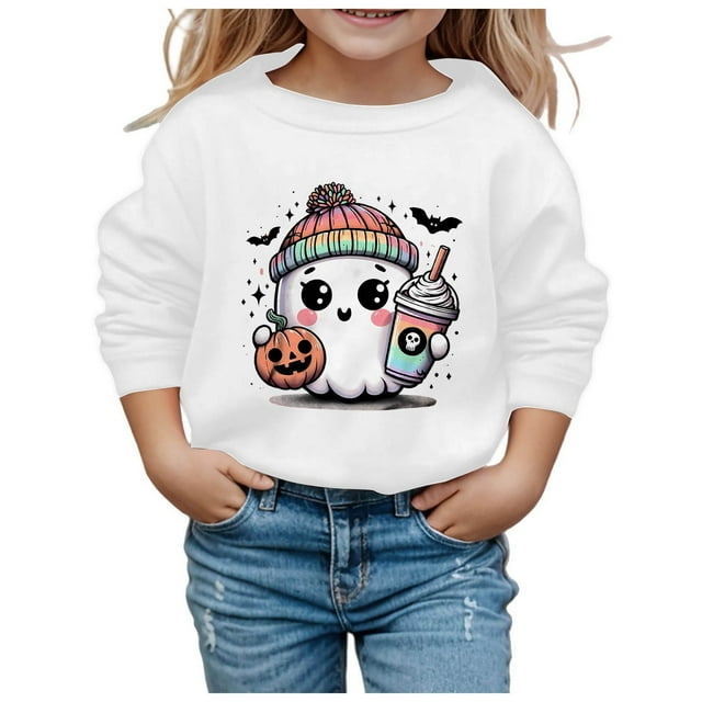 GDREDA Chandails à Capuche à la Mode pour Filles Mignons Imprimés Manches Longues Chandail en Molleton Élégant Col Rond pour Enfants Actifs Idéal pour Sorties Décontractées et Halloween Blanc, 11-12 Ans