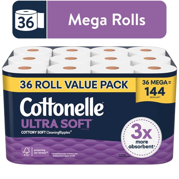 Cottonelle Ultra Soft Toilet Paper, Strong Toilet Tissue, 36 Mega Rolls