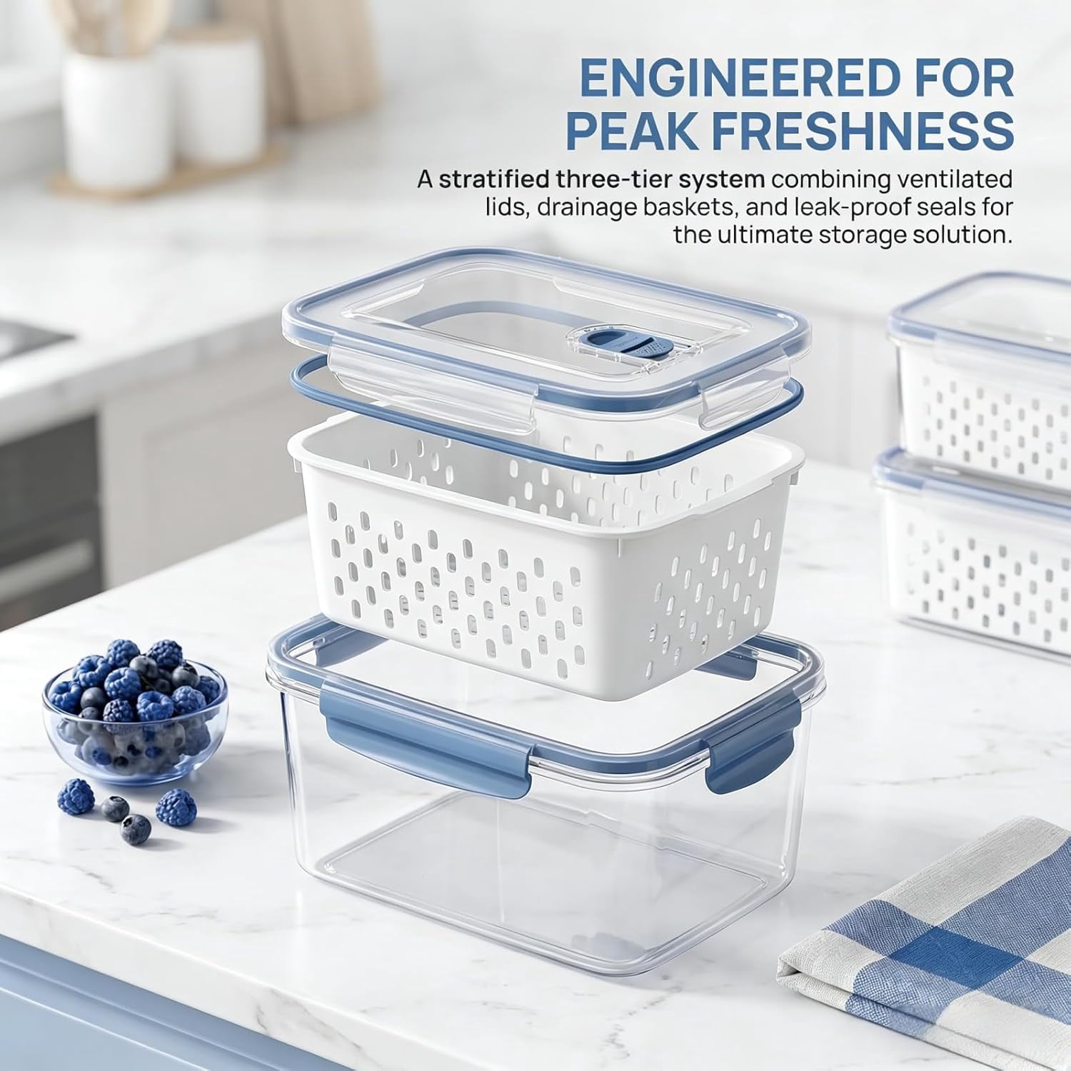 4 In 1 Food Storage Container,Produce Storage Containers for Fridge,Fruit Storage Containers With Removable Colander,Multipurpose Stackable Fruit Storage Containers (3pcs-gray)