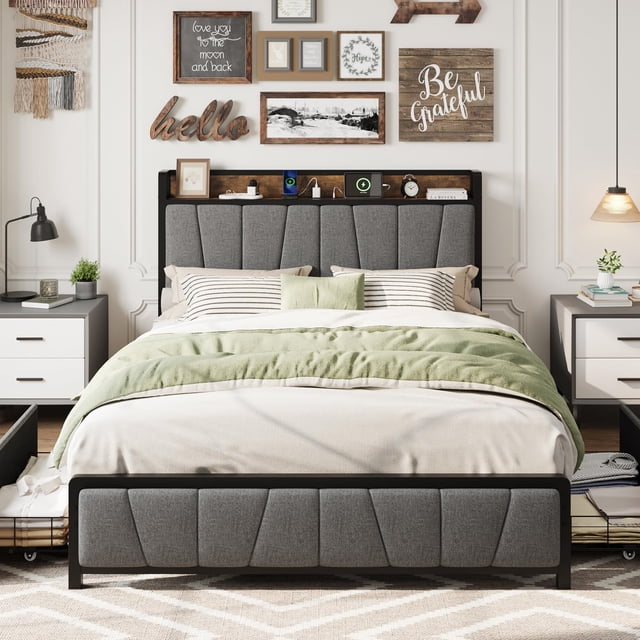 Eastvita Full-Size Gray Bed Frame Rustic Linen Upholstered Platform Bed with 2 Storage Drawers/Charging Station/Storage Headboard - Heavy Duty/No Box Spring/Easy Assembly