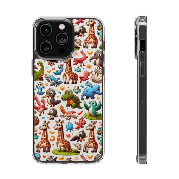 DistinctInk Hybrid (Acrylic / TPU) Clear Slim Fit Case for Apple iPhone 15 Pro MAX (6.7" Screen) - "Playful and Colorful Giraffe Pattern: Lively Interaction with Surroundings"