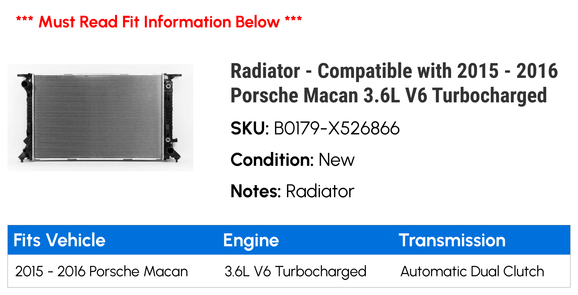 Radiator - Compatible with 2015 - 2016 Porsche Macan 3.6L V6 Turbocharged