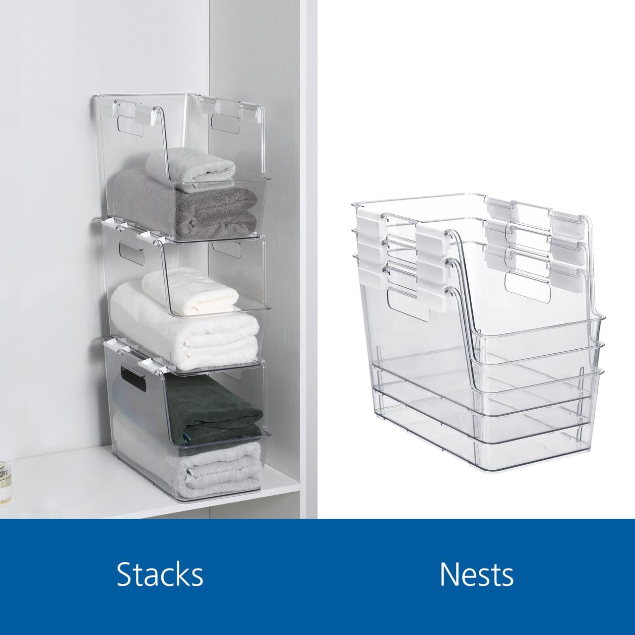 Mainstays Small Clear Plastic Stackable Closet Organizer Bin with White Latches