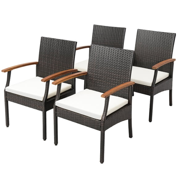 Gymax Set of 4 PE Wicker Chairs Acacia Wood Armrests w/ White Soft Zippered Cushion Patio