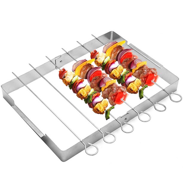 BBQ Skewer Rack Barbecue Kabob Skewer Rack Stainless Steel BBQ Metal Skewers Foldable Rotating