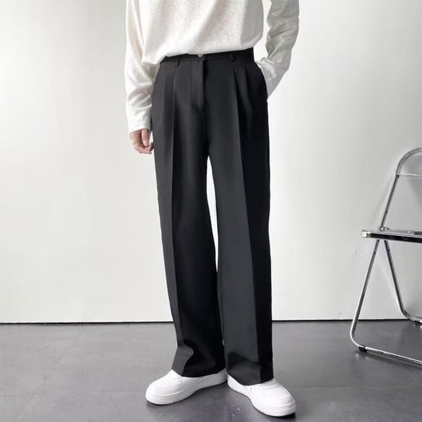 Pantalones largos para hombre, color liso, con cremallera, botones, pierna recta, pierna ancha, pantalones de traje casuales, pantalones de poliéster para hombre