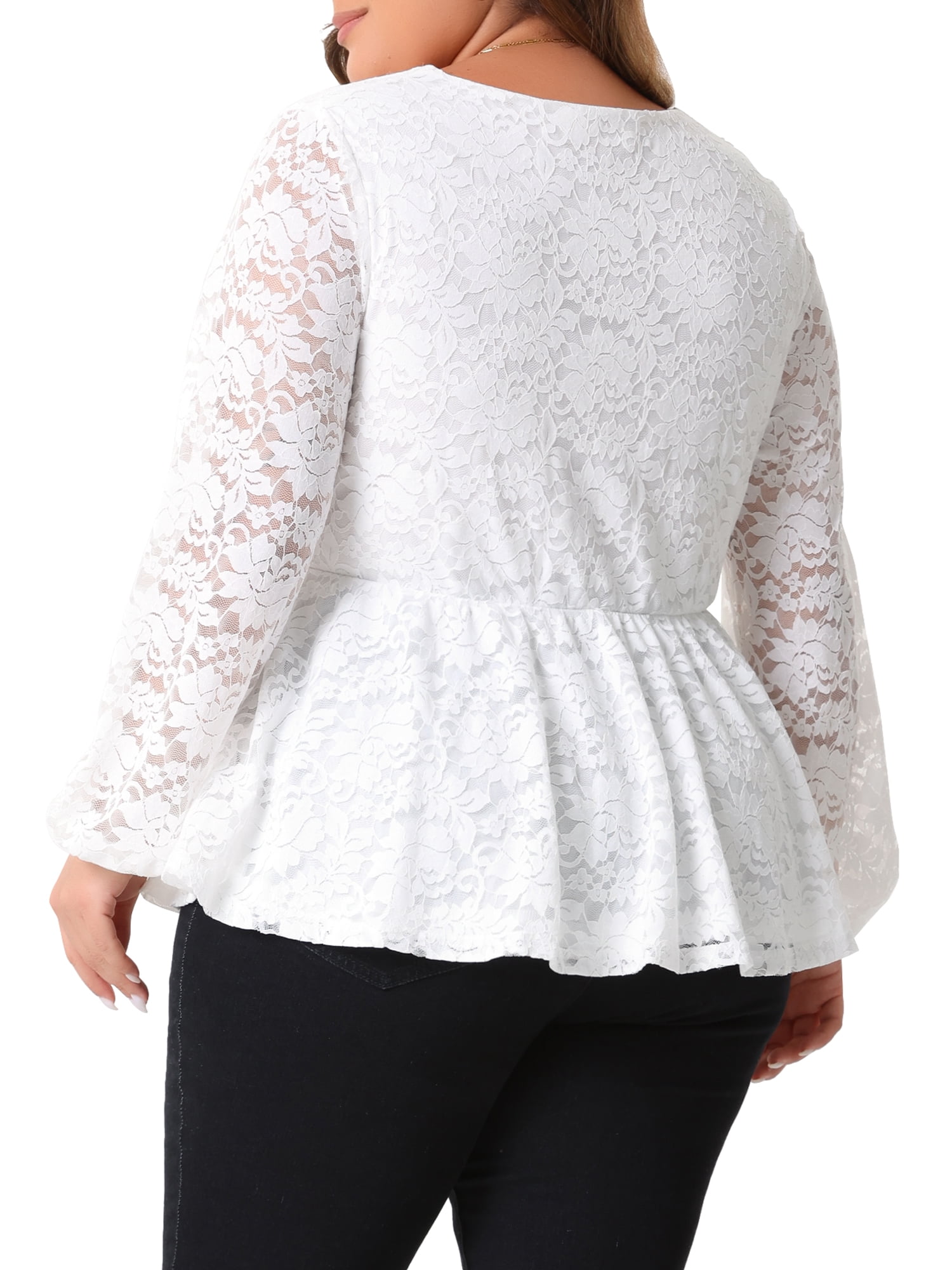 DARING DIVA Women's Plus Lace  V Neck Long Sleeve Floral Peplum Blouse 4X White