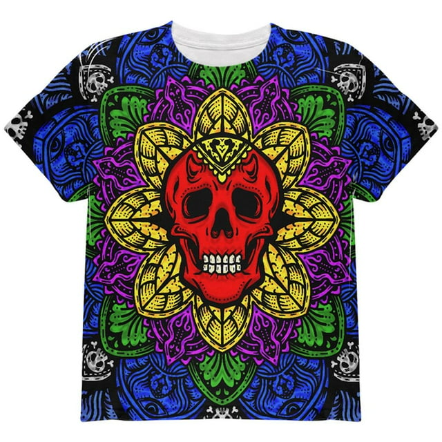 Halloween Demon Skull Mandala All Over Youth T Shirt