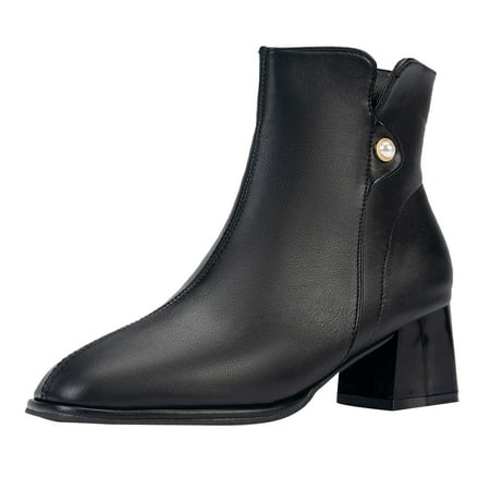 

Black Boots for Women Ladies Shoes Autumn Fashion Boots Round Toe Chunky Heel Pearl Side Zipper Short Boots Ankle Boots for Women Artificial leather Black