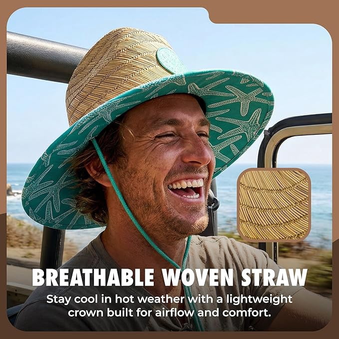 Grinderpunch Lifeguard Hat Mens Straw Sun Hat for Beach, Outdoor, and Travel | UPF 50+ Sun Protection | Wide Brim Straw Beach Hat | Classic Sun Hat for Men and Women ( Teal Starfish )