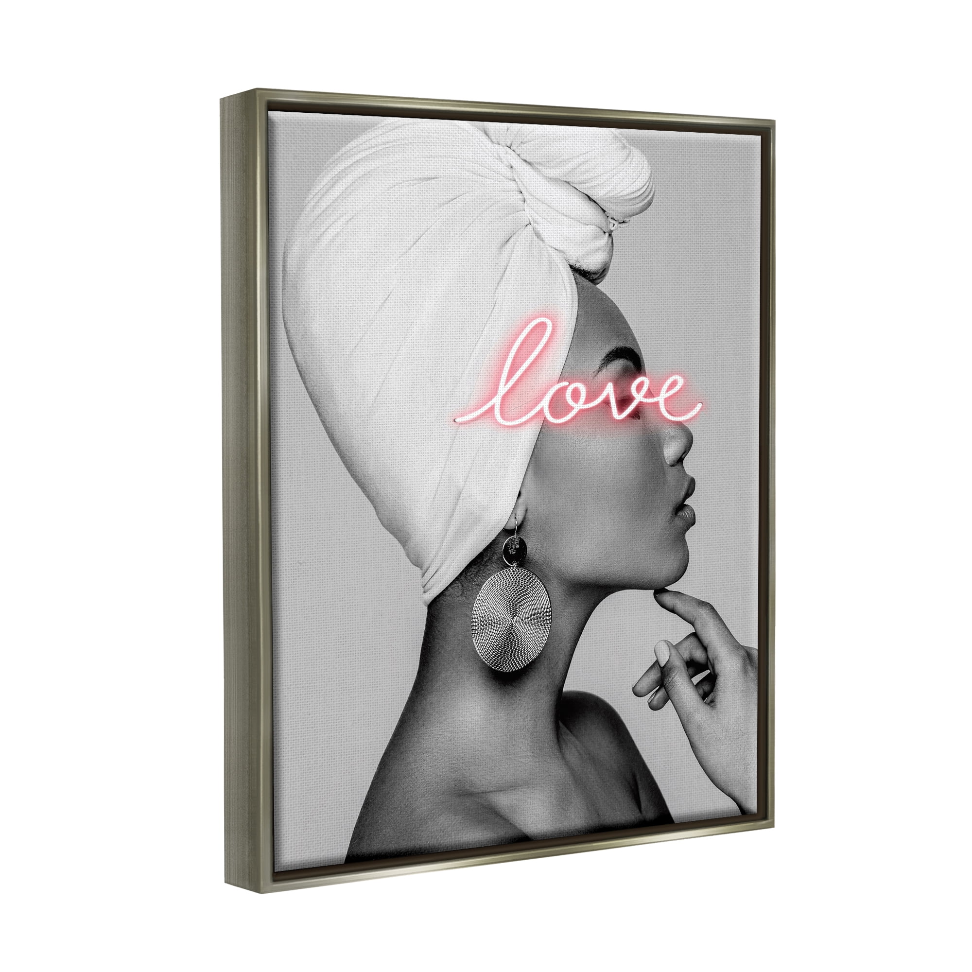 Stupell Industries Woman Portrait Pink Love Phrase Typography Painting Gray Floater Framed Art Print Wall Art, 25 x 31