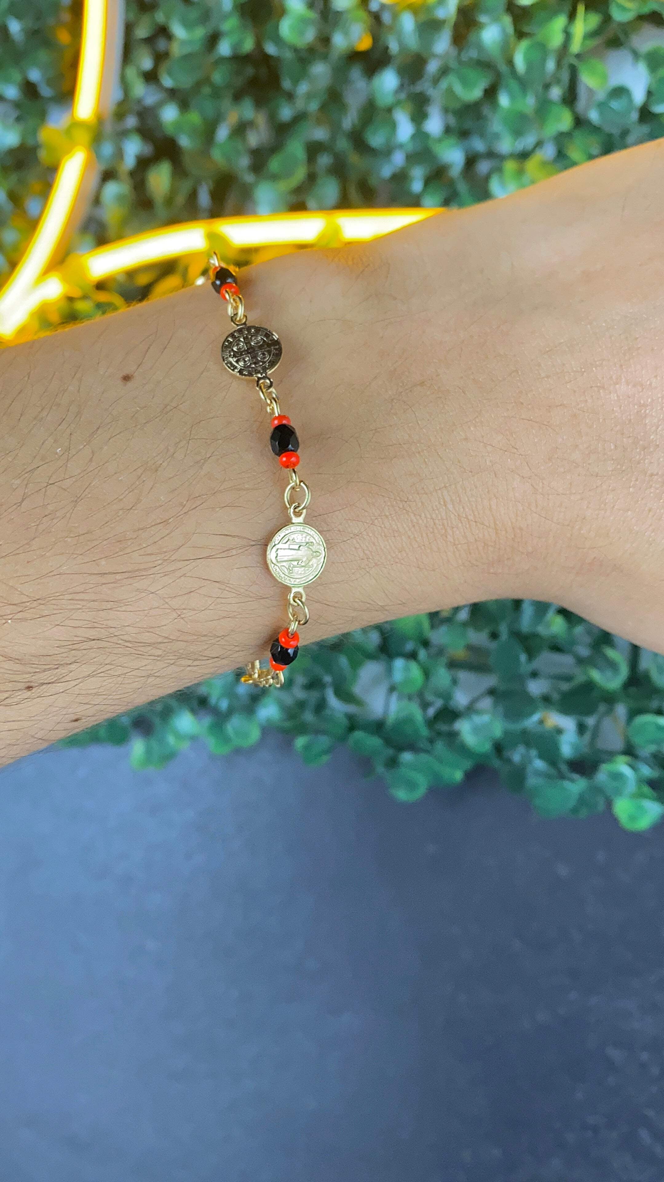 Womens San Benito Bracelet - Gold Filled Saint Benedictus Charm Black Red Beads