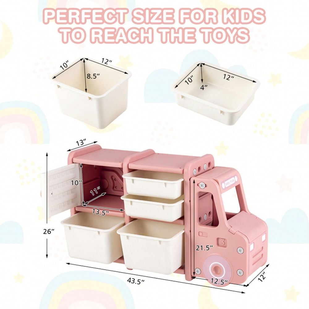 Spaco Toddler Truck Storage Organizer with Plastic Bins-Pink, Toy Organizer for Kids, Boys, Girls, Nursery