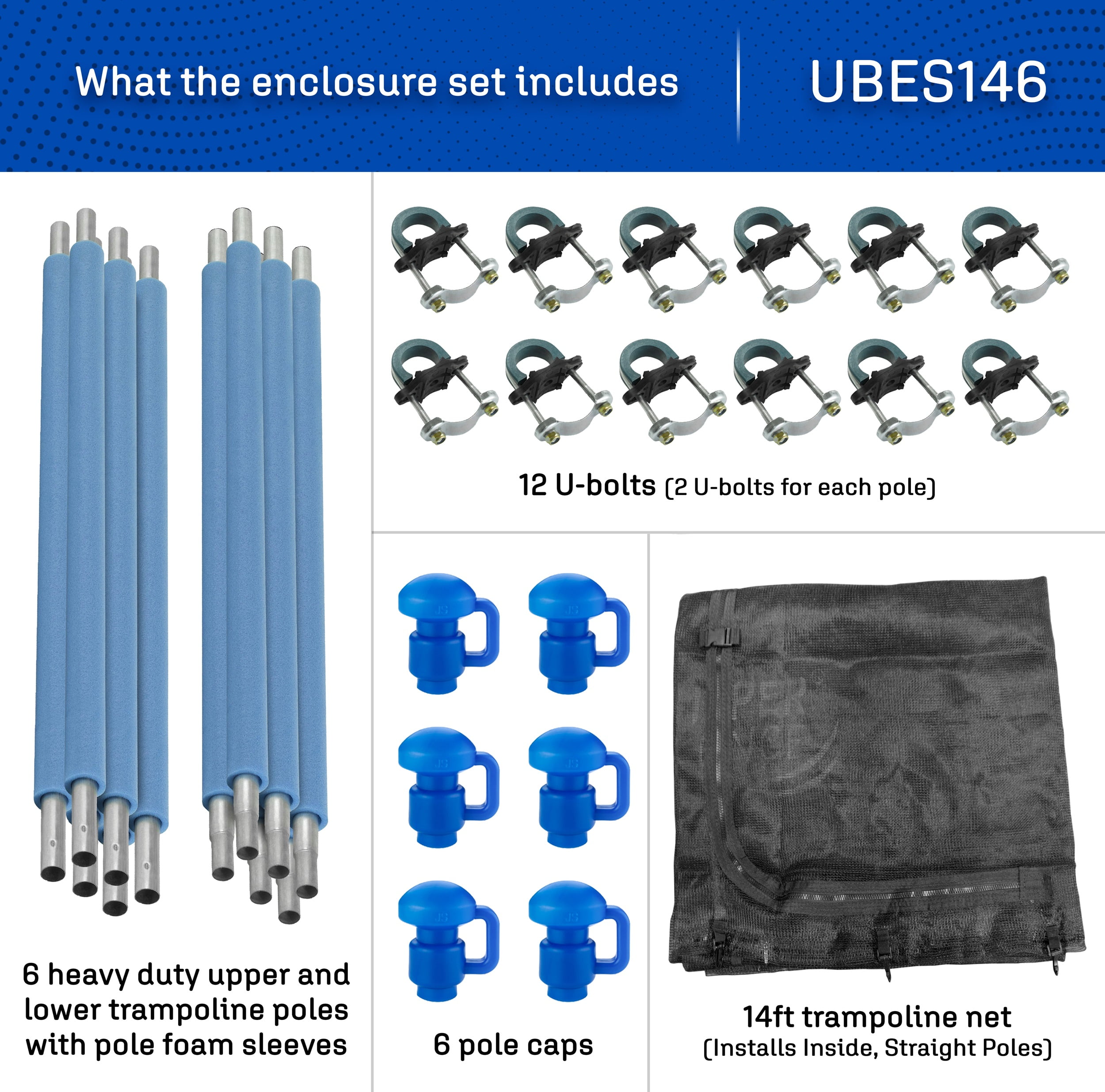 Machrus Upper Bounce Trampoline Safety Enclosure Set with Net, Replacement Trampoline Poles, Foam Sleeves, Caps & U-Bolts - Fits 14ft Round Frames - Premium Trampoline Accessories