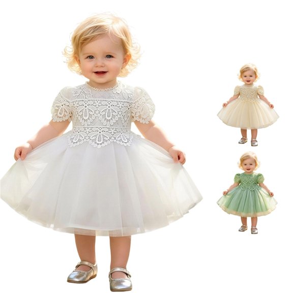 Toddlers Kids Girls Summer Dress Puff Sleeve Round Neck Solid Color Lace Elegant Mesh Tutu Dresses For Wedding Party,White,12-24 Months