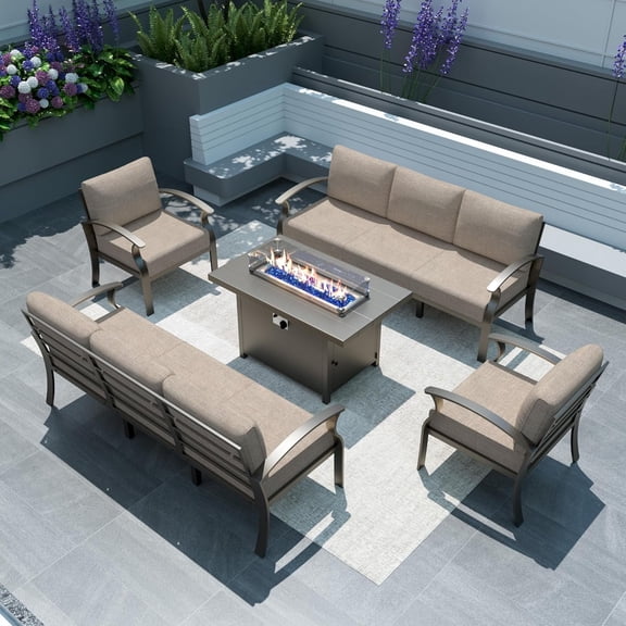 Gotland 8 Seats Outdoor Metal Patio Furniture Set with 55,000 BTU Gas Fire Pit Table w/Glass Wind Guard Patio Conversation Sectional Sofa Sets-Sand