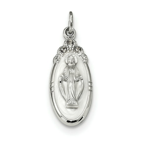 Beautiful Sterling Silver White Epoxy & Crystal Miraculous Medal Pendant