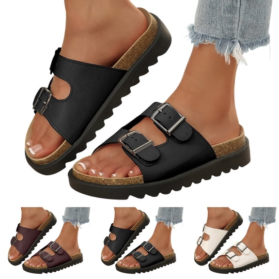 Dakaela Womens Two Buckles Sandals Arch Support Summer Beach Walking Slip on Slides Comfortable Cork Footbed Slippers Size 6.5