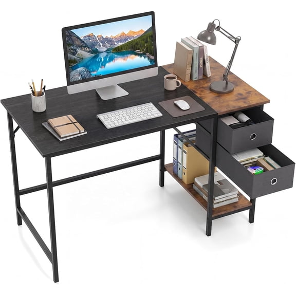 WoofPaw 48-Inch Computer Desk with 2 Drawers, Modern Home Office Desk with Hanging Hook & Storage Shelf, Multipurpose Writing Desk for Study Bedroom