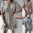 thumbnail image 4 of Women Summer Flared Short Sleeve Sexy Wrap V Neck Mini Swing Dress Floral Print Tie Waist Pleated Ruffle Hem A-Line Flowy Chiffon Sundress, 4 of 18