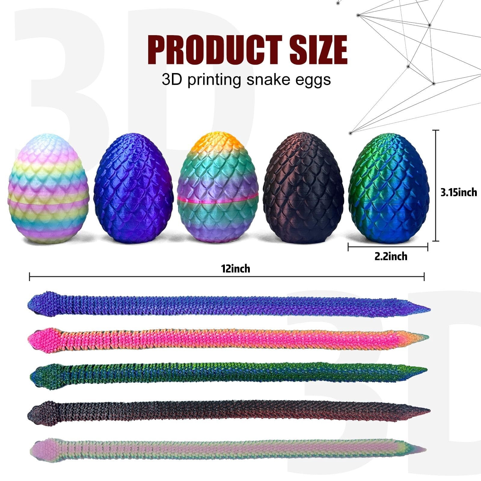 5PCS 3D Printed Snake Eggs 3D Printed Snake 3D Printed Snake Set Easter Eggs Articulated Snake Easter Basket Stuffers Mystery Snake Egg Fidget 3D Printed Animals