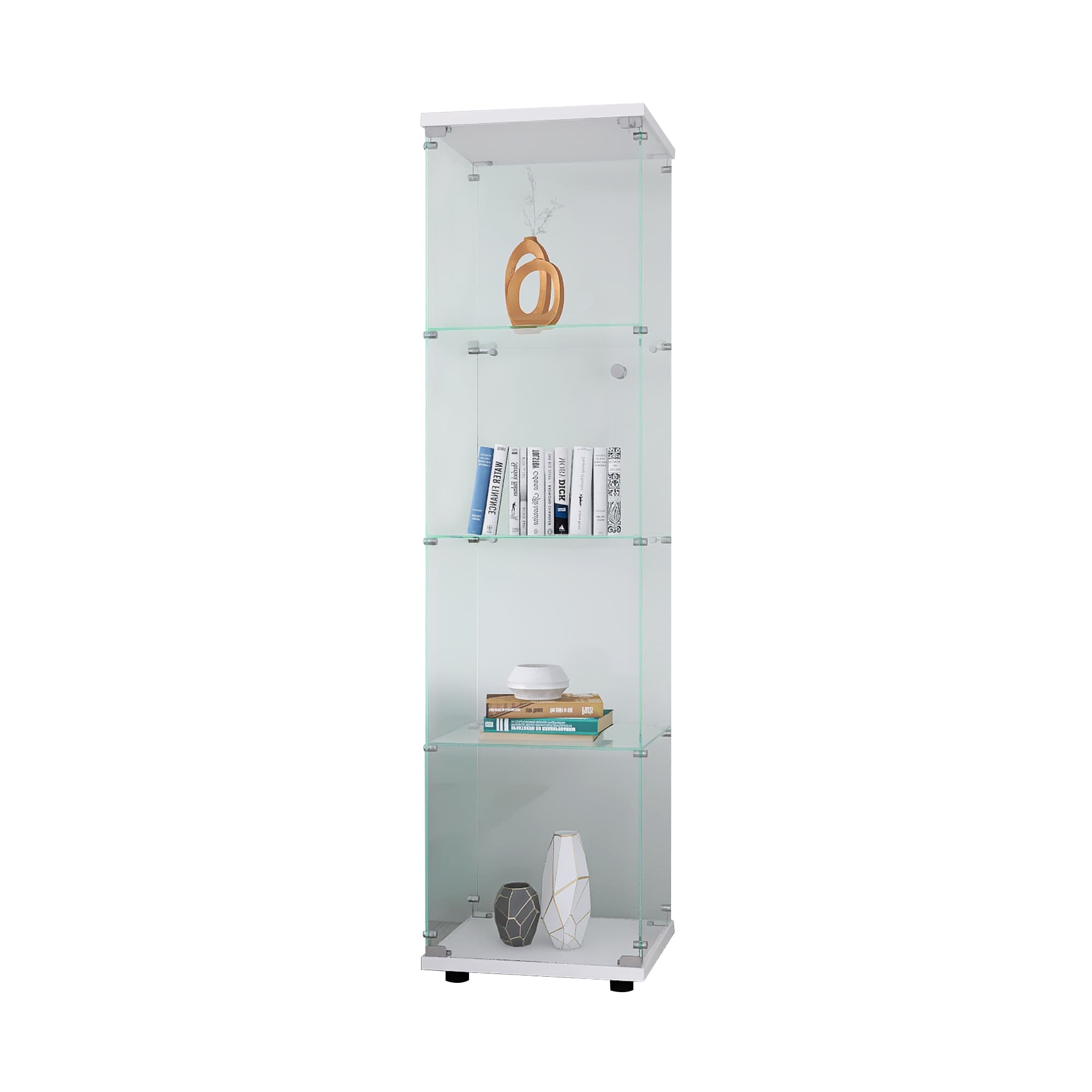 MAYEERTY Glass Display Cabinet 4 Shelves with Door, Floor Standing Bookshelf for Bedroom Office, White, 64.7"×16.7"×14.3"