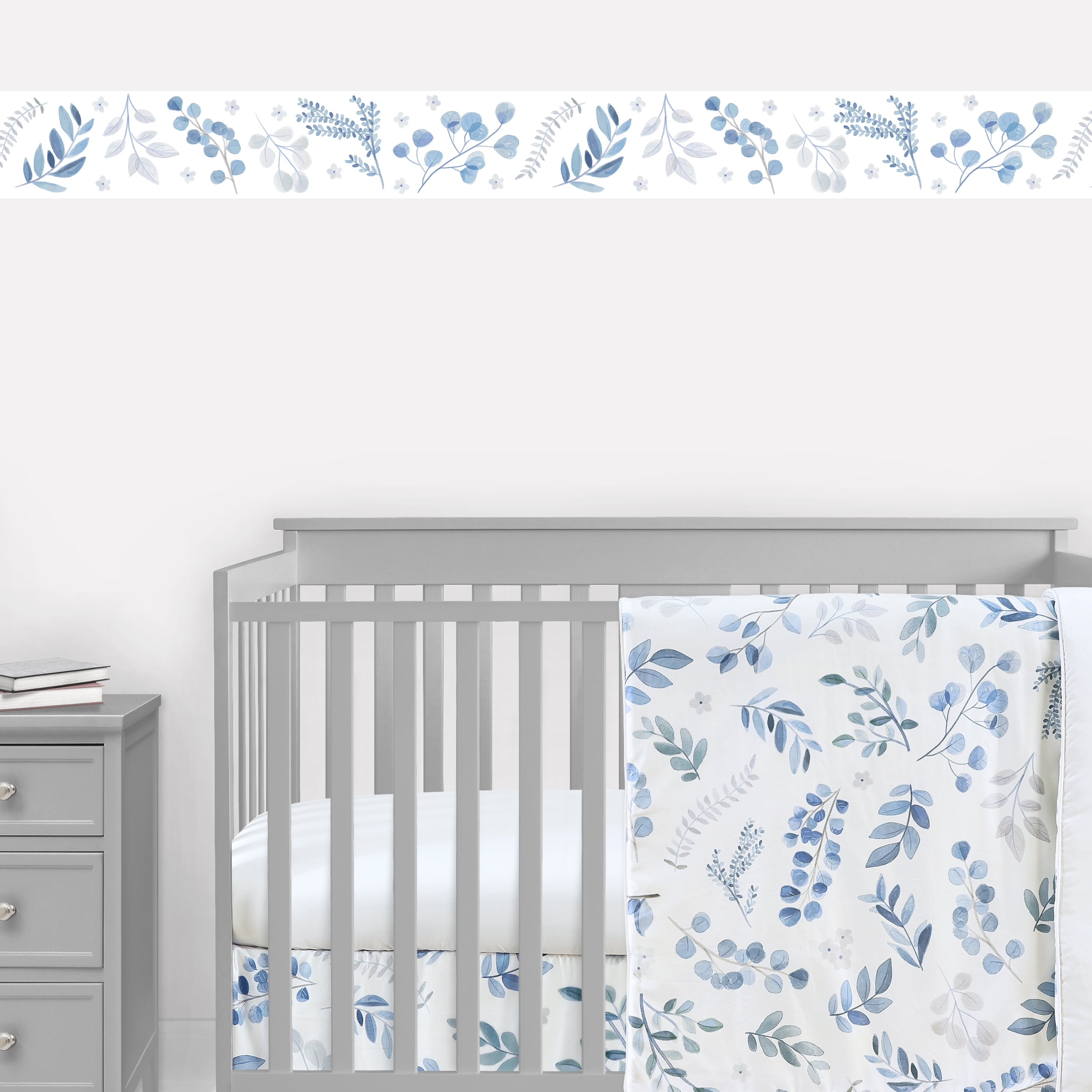 Sweet Jojo Designs Floral Leaf Wallpaper Wall Border Mural - Blue Grey and White Boho Watercolor Botanical Flower Woodland Tropical Garden Leaves