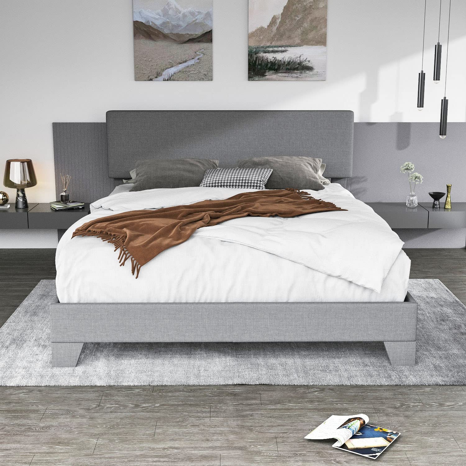 Sha Cerlin Queen Size Upholstered Platform Bed Fame with Adjustable Fabric Headboard, Wood Slat Support, Light Grey