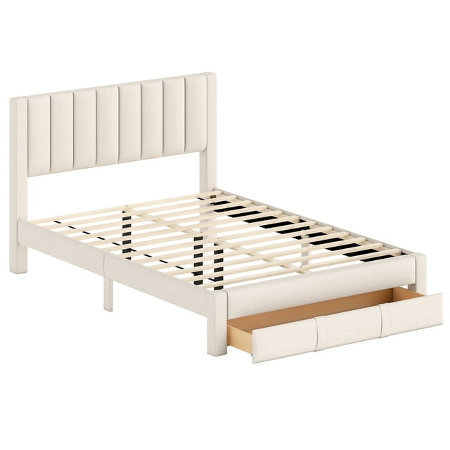 Gymax Queen Size Bed Frame w/Storage Drawer & Vertical Channel Headboard Beige