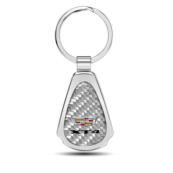 iPick Image for Cadillac XT4 Real Silver Dome Carbon Fiber Chrome Metal Teardrop Key Chain, Official Licensed