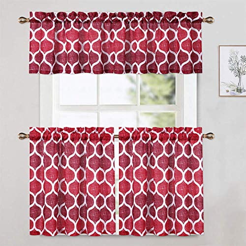 3 Pcs Kitchen Curtains Set, Moroccan Pattern Kitchen Tier Curtains and Valance Set for Bathroom