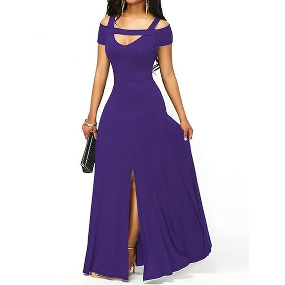 Odbmxy Cold Shoulder Women's Maxi Dress Short Sleeve Evening Gown Womens Plus Dresses Regular Solid Color Dressy Dresses,Purple M