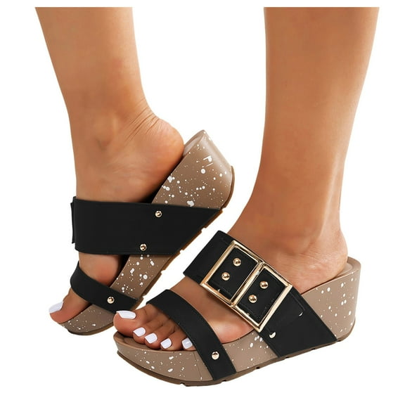 Womens Platform Wedge Slip on Sandals 2025 Buckle Summer Beach Chunky Footbed Heeled Casual Slides Slippers