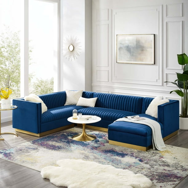 Modway Glamour 3 Piece Performance Velvet Sectional Sofa Set in Navy