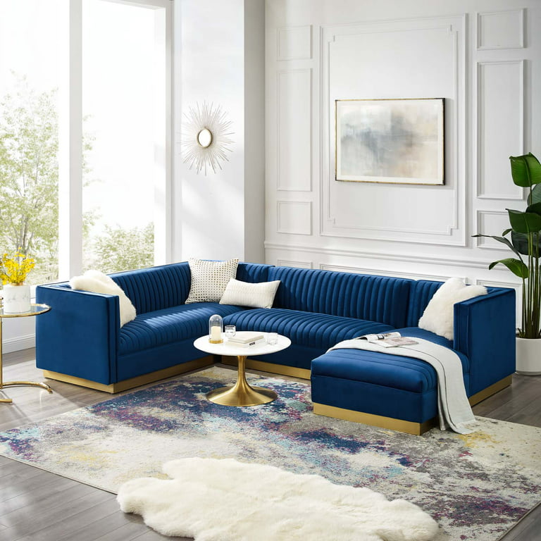 Sectional Sofa Set Velvet Blue Navy