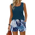 thumbnail image 3 of Coconut Print Two Piece Set for Women, Sleeveless Scoop Neck Tank & Elastic Waist Shorts - Casual Summer Lounge Outfit with Pockets Blue L, 3 of 9