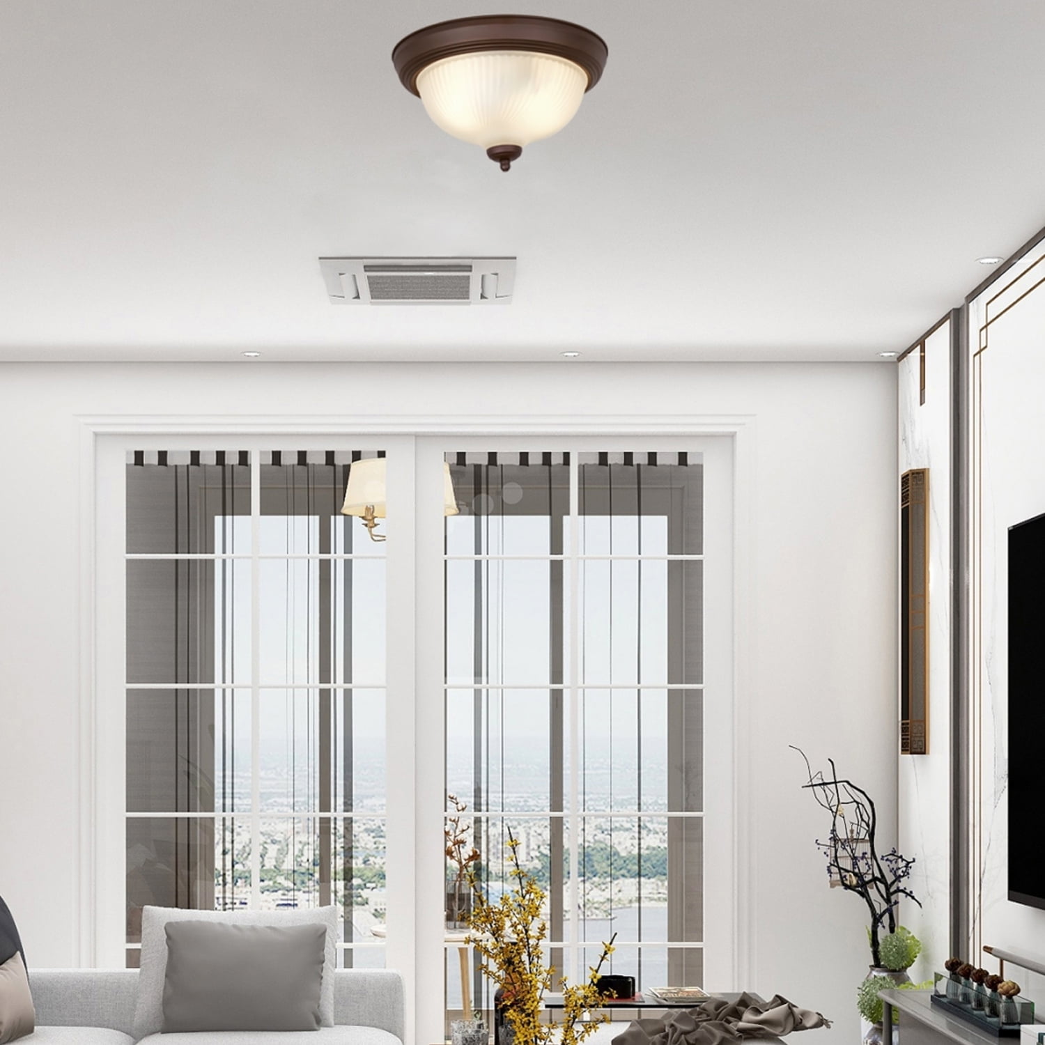 (2 pack) Mainstays 11" Classic Indoor Flush Mount Ceiling Light, Bronze Finish Glass Shade, Bulb Not Included