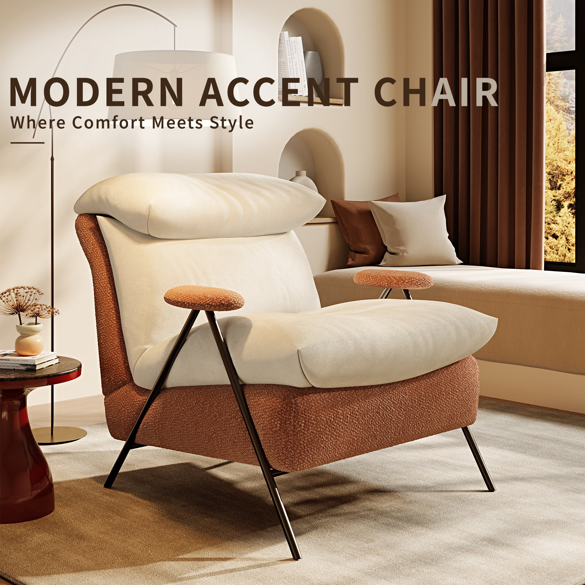 Howcool Modern Upholstered Accent Chair,Armchair with Wide Cushioned Seat,Ergonomic Lounge Chair with Solid Wood Frame for Living Room,Bedroom,Beige Orange