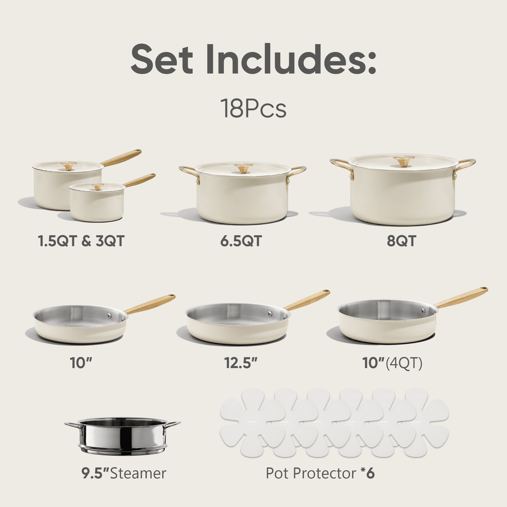 Carote 18-Piece Tri-Ply Stainless Steel Pots and Pans Set, Induction Compatible - White