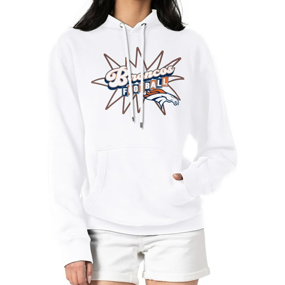 Women's Starter White Denver Broncos Drive-In Sign Pullover Hoodie