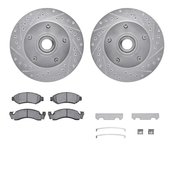 Dynamic Friction Company Front Brake Rotors-Drilled and Slotted-Silver with Ultimate Duty Performance Brake Pads includes Hardware 7412-54005