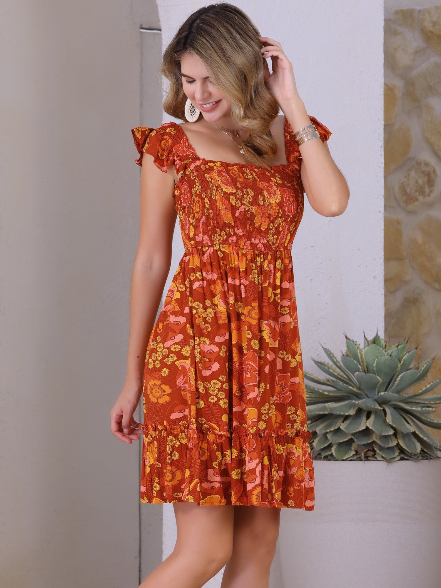 DARING DIVA Floral Smocked Sleeveless Square Neck Ruffled Dress S Red Orange