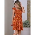 thumbnail image 4 of DARING DIVA Floral Smocked Sleeveless Square Neck Ruffled Dress XS Red Orange, 4 of 6